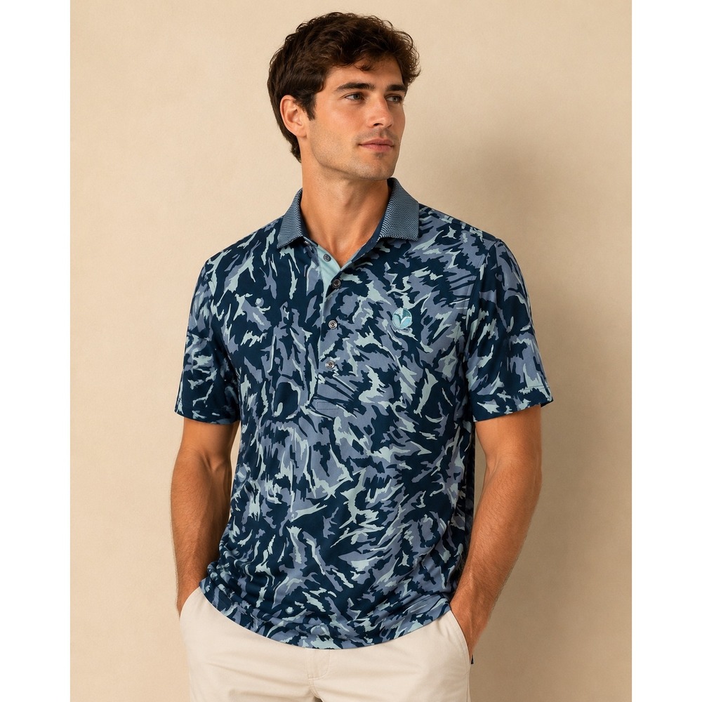Greyson Mens Blue‎ Camo Golf Polo Shirt Short Sleeve Stretch Size Small S